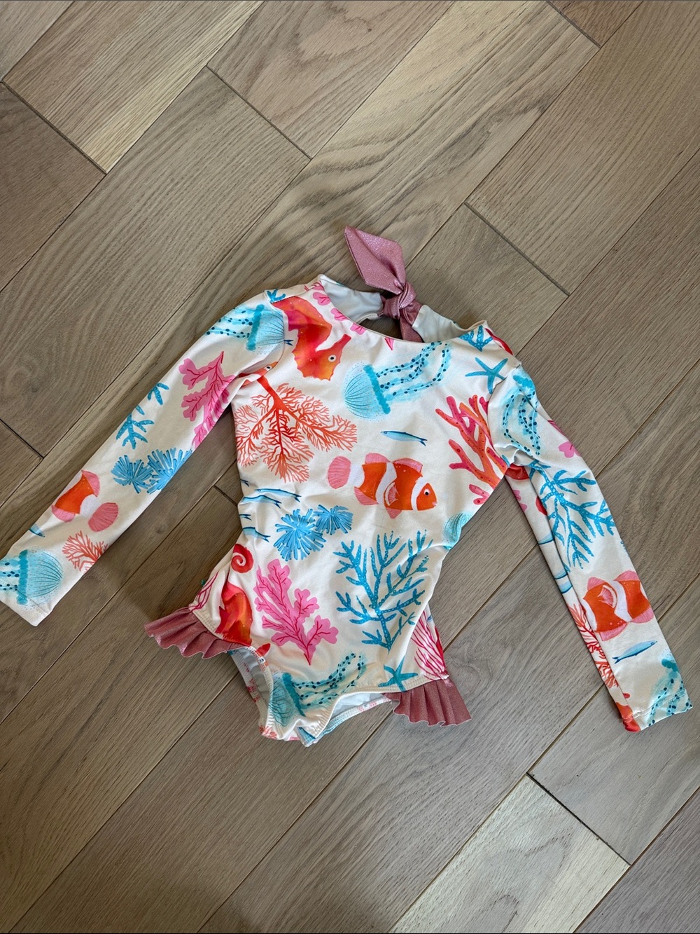 Long-Sleeve Girls One-Piece Rashguard Swimsuit in Coral & Pink
